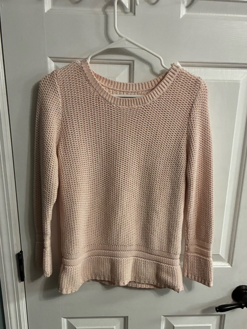 LOFT Light Blush Knit Crewneck Sweater with Peplum Trim 100% cotton